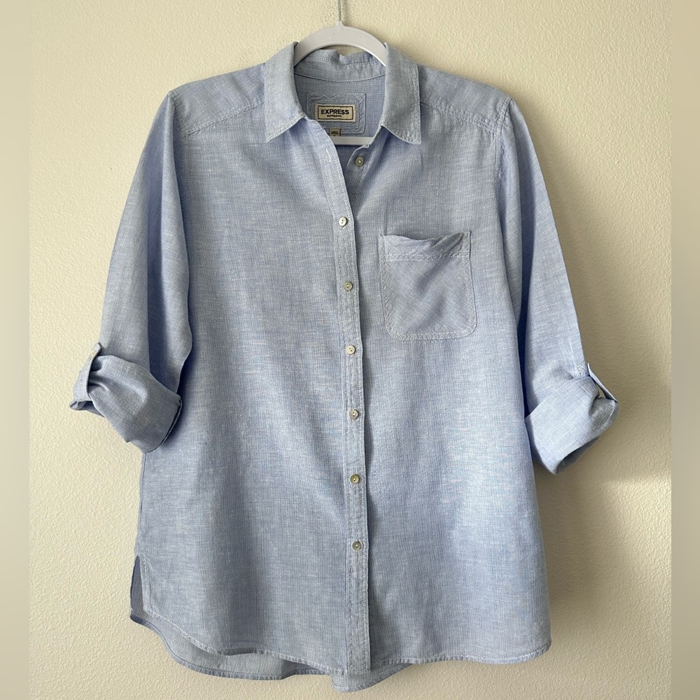 EXPRESS BOYFRIEND LINEN BLEND MICRO STRIPE LONG SLEEVES SZ MEDIUM